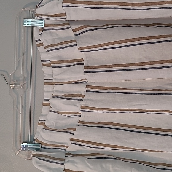 Angela Mara Linen White Tan Blue Striped Pull-on Wide Pants Popover Top Tie Sz L - Picture 9 of 16